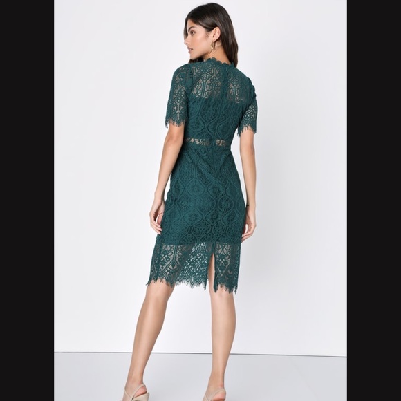 Remarkable Forest Green Sheer Lace Short Sleeve Mini Dress - Picture 2 of 10